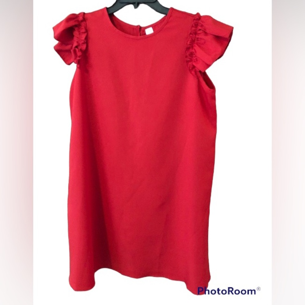 Red silk dress, ruffle cap sleeves, 32”, Large
